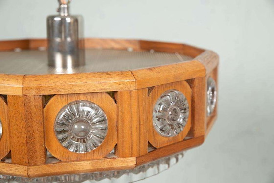 Image 1 of Lampe suspendue vintage en verre et bois, suspension bohème des années 60 Suède