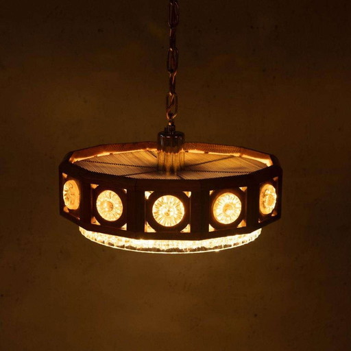 Lampe suspendue vintage en verre et bois, suspension bohème des années 60 Suède
