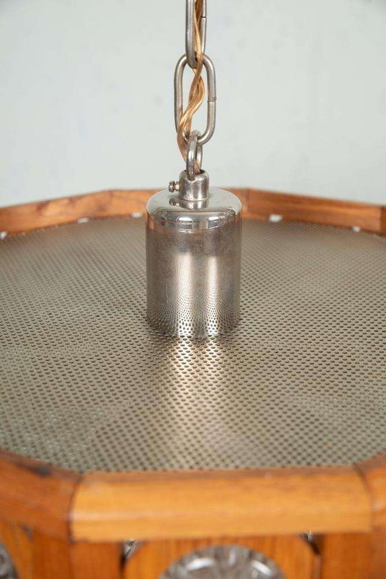 Image 1 of Lampe suspendue vintage en verre et bois, suspension bohème des années 60 Suède