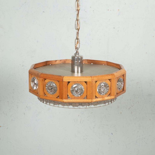 Lampe suspendue vintage en verre et bois, suspension bohème des années 60 Suède