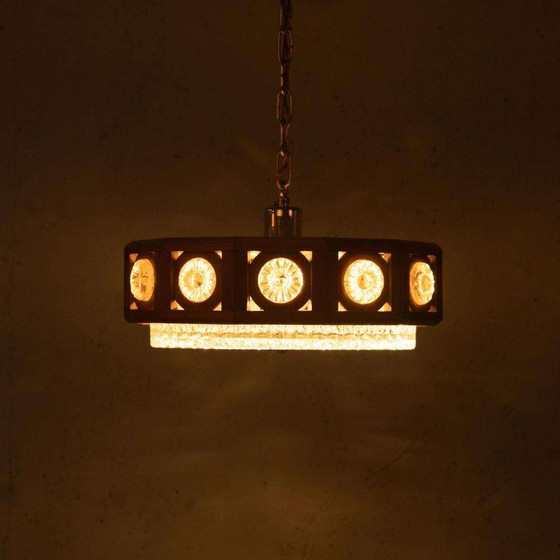Image 1 of Lampe suspendue vintage en verre et bois, suspension bohème des années 60 Suède