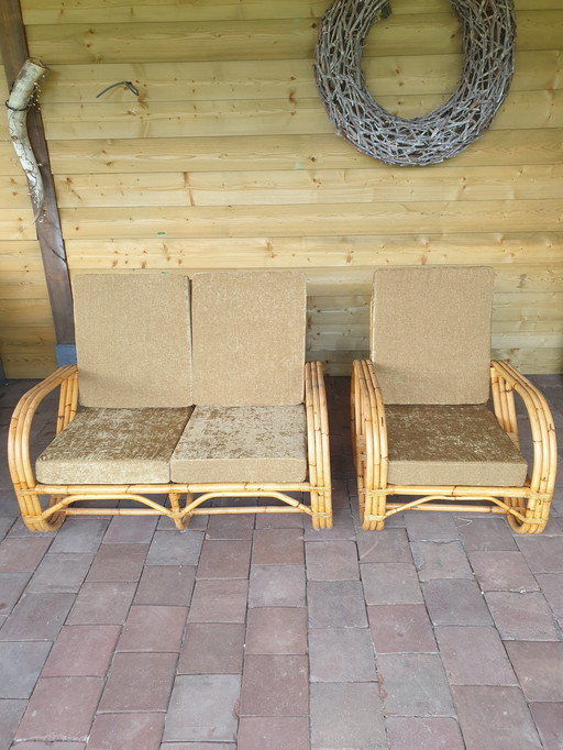 Magnifique canapé 2 places et fauteuil en rotin vintage, style Frankl