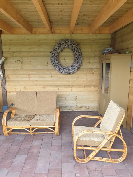 Magnifique canapé 2 places et fauteuil en rotin vintage, style Frankl