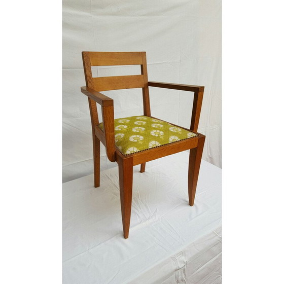 Image 1 of Chaise vintage avec accoudoirs en bois de chêne et tissu vert, René GABRIEL - 1940s