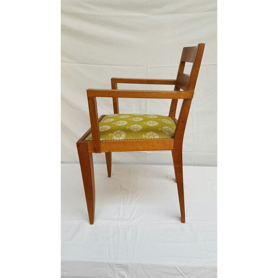 Image 1 of Chaise vintage avec accoudoirs en bois de chêne et tissu vert, René GABRIEL - 1940s