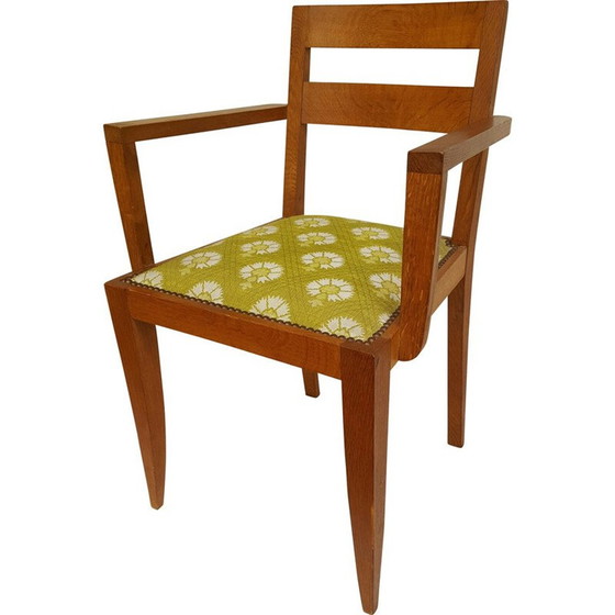 Image 1 of Chaise vintage avec accoudoirs en bois de chêne et tissu vert, René GABRIEL - 1940s