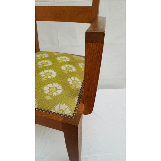 Image 1 of Chaise vintage avec accoudoirs en bois de chêne et tissu vert, René GABRIEL - 1940s