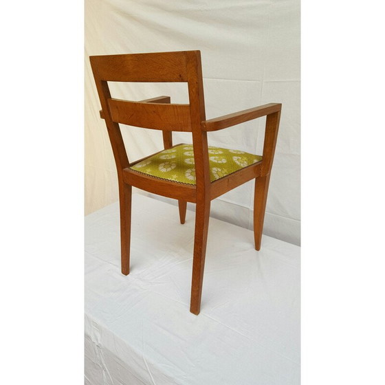 Image 1 of Chaise vintage avec accoudoirs en bois de chêne et tissu vert, René GABRIEL - 1940s