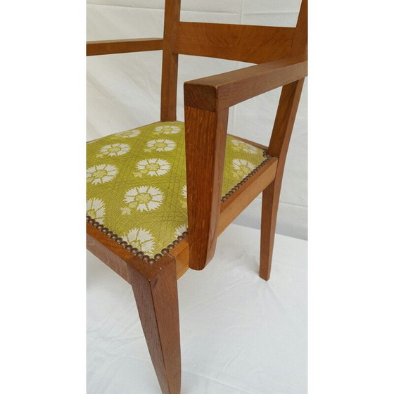 Image 1 of Chaise vintage avec accoudoirs en bois de chêne et tissu vert, René GABRIEL - 1940s