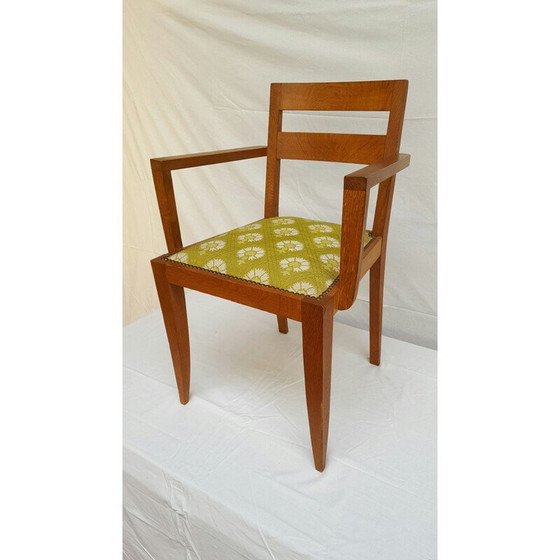 Image 1 of Chaise vintage avec accoudoirs en bois de chêne et tissu vert, René GABRIEL - 1940s