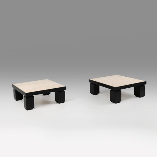 Set de 2 tables basses Mid Century en chêne avec plateau en travertin