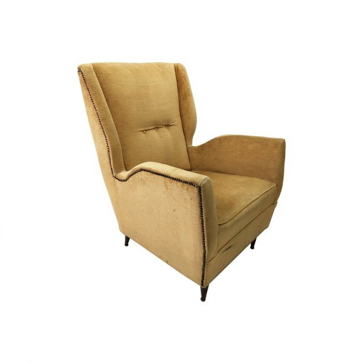 Fauteuil à oreilles jaune vintage en bois et tissu par Gio Ponti pour I.S.A. Bergamo, Angleterre 1950