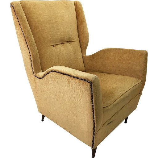 Fauteuil à oreilles jaune vintage en bois et tissu par Gio Ponti pour I.S.A. Bergamo, Angleterre 1950