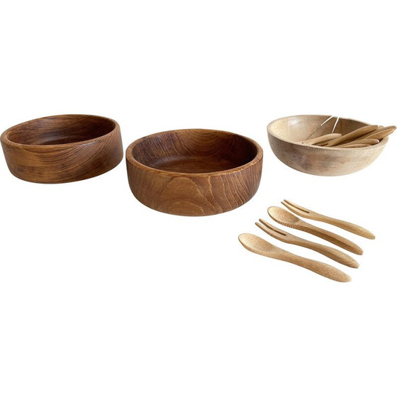 Image 1 of Set de 3 bols vintage avec 12 couverts en bois et teck