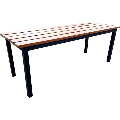 Banc industriel vintage en chêne et acier, 1950