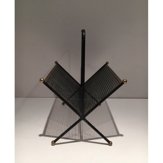 Image 1 of Porte-revues vintage en métal laqué noir et laiton, France 1950