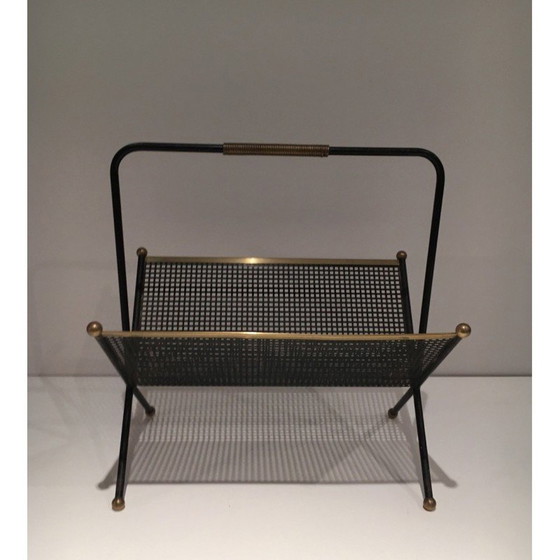 Image 1 of Porte-revues vintage en métal laqué noir et laiton, France 1950