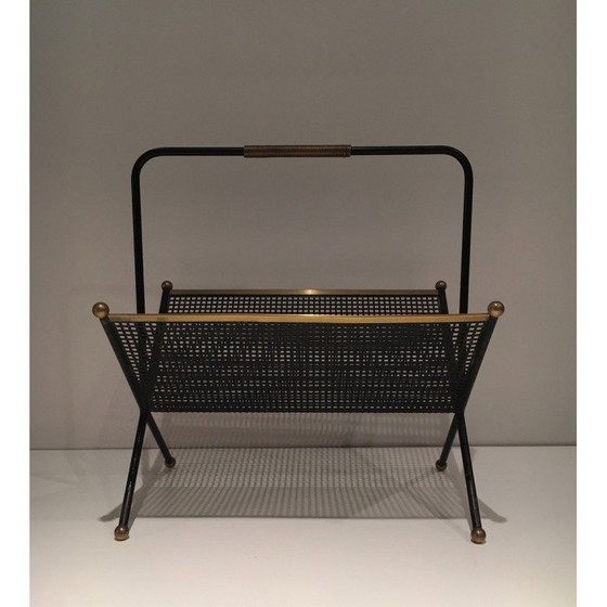 Image 1 of Porte-revues vintage en métal laqué noir et laiton, France 1950