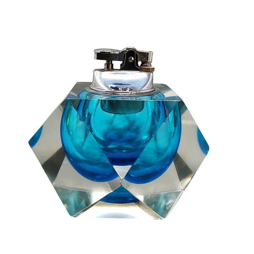 1960S Stunning Blue Table Lighter In Murano Sommerso Glass By Flavio Poli For Seguso