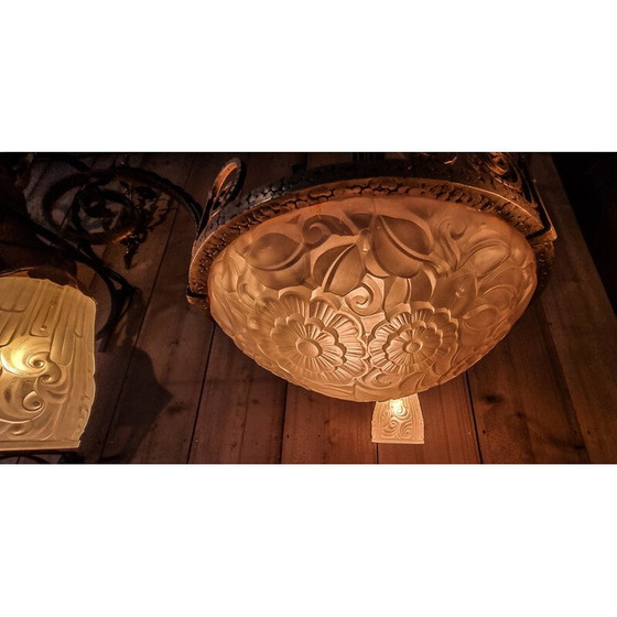 Image 1 of Lustre Vintage Art Déco en bronze argenté et verre moulé pour Primaflore, France 1930