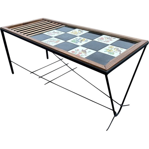 Table basse vintage en bois et fer forgé, 1950