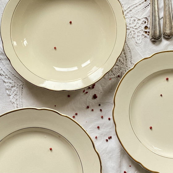 Image 1 of Lot De 3 Plats De Service Digoin Sarreguemines Faïence Ancienne Couleur Beige Et Dorure