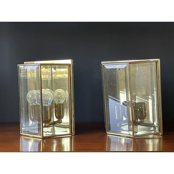 Image 1 of Paire d'appliques vintage en laiton et verre, France 1980