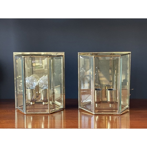 Image 1 of Paire d'appliques vintage en laiton et verre, France 1980