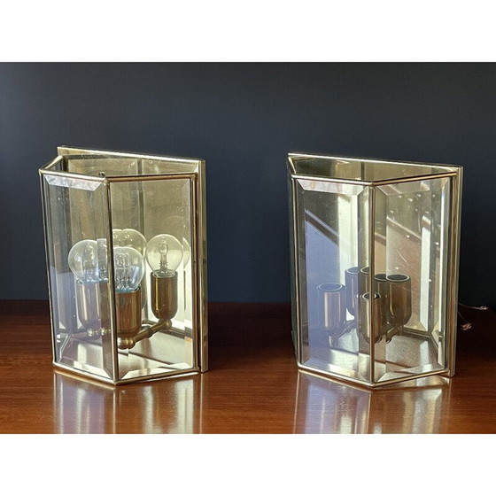 Image 1 of Paire d'appliques vintage en laiton et verre, France 1980