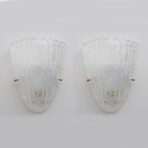 Barovier Style Mid-Century Modern Italian Murano Glass Shell Sconces, 60S, Pair.