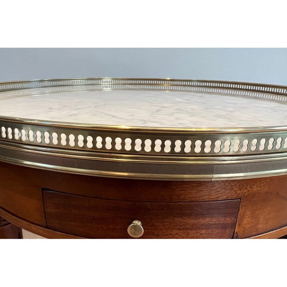 Image 1 of Table basse ronde vintage en acajou, laiton et marbre de Carrare blanc