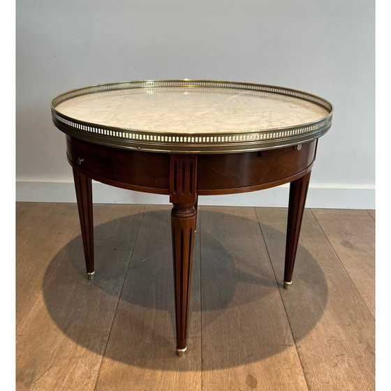 Image 1 of Table basse ronde vintage en acajou, laiton et marbre de Carrare blanc