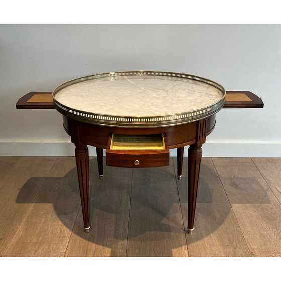 Image 1 of Table basse ronde vintage en acajou, laiton et marbre de Carrare blanc