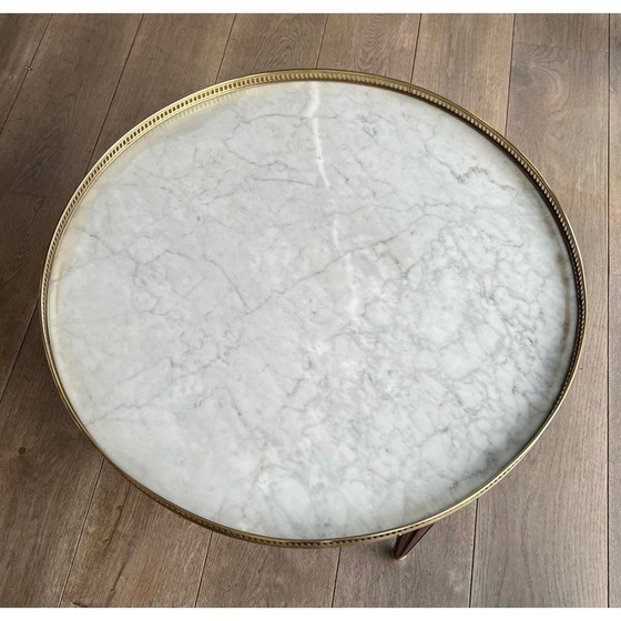 Image 1 of Table basse ronde vintage en acajou, laiton et marbre de Carrare blanc