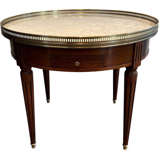 Table basse ronde vintage en acajou, laiton et marbre de Carrare blanc