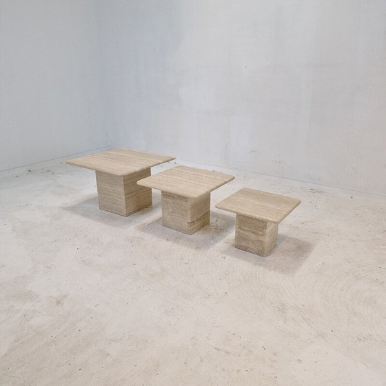 Image 1 of Ensemble de 3 tables basses vintage en travertin, Italie 1980