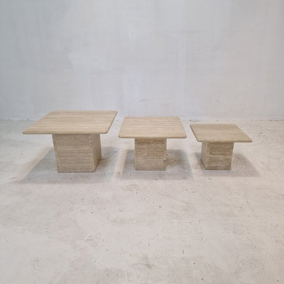 Image 1 of Ensemble de 3 tables basses vintage en travertin, Italie 1980