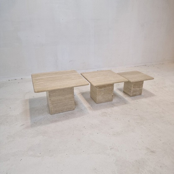 Image 1 of Ensemble de 3 tables basses vintage en travertin, Italie 1980