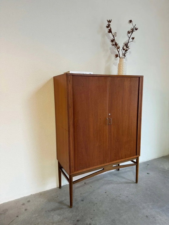 Image 1 of Vintage Danish Wall Cupboard Tambour Doors Teak