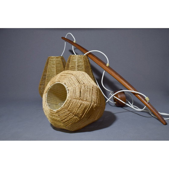 Image 1 of Lustre vintage scandinave, teck, corde, rhodoïd, 1960
