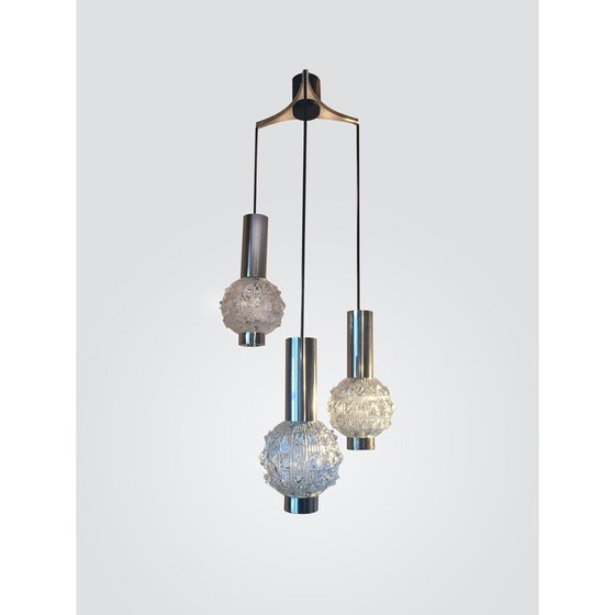 Image 1 of Suspension vintage à 3 lumières en verre et chromé - années 1970