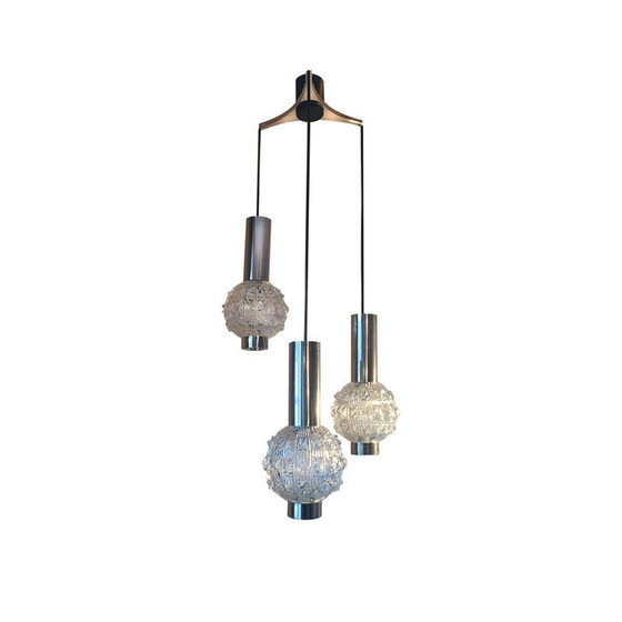 Image 1 of Suspension vintage à 3 lumières en verre et chromé - années 1970