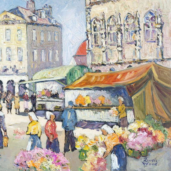 Image 1 of Vintage "Market day" huile sur bois masonite par Robert Sydney Rendle Wood