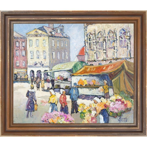 Image 1 of Vintage "Market day" huile sur bois masonite par Robert Sydney Rendle Wood