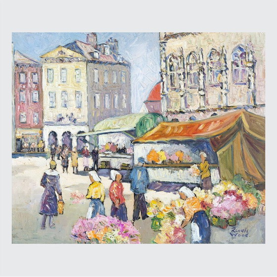 Image 1 of Vintage "Market day" huile sur bois masonite par Robert Sydney Rendle Wood