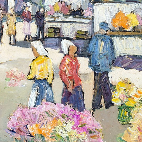 Image 1 of Vintage "Market day" huile sur bois masonite par Robert Sydney Rendle Wood