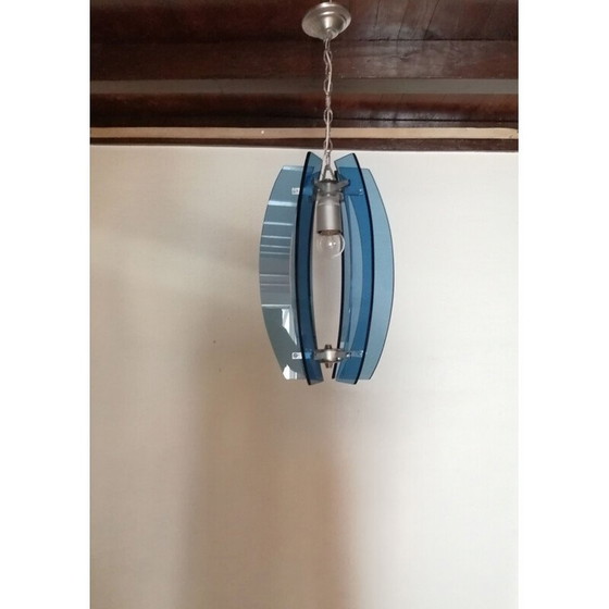 Image 1 of Lampe suspendue en verre bleu et métal argenté par Fontana Arte, Italie 1960