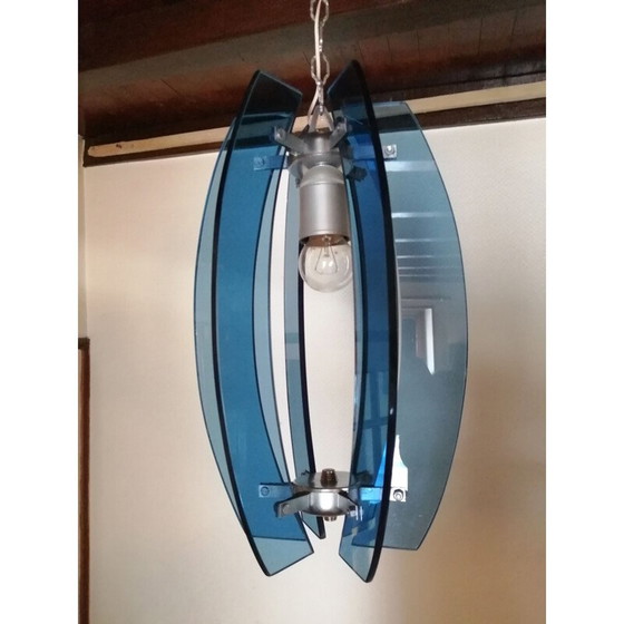 Image 1 of Lampe suspendue en verre bleu et métal argenté par Fontana Arte, Italie 1960