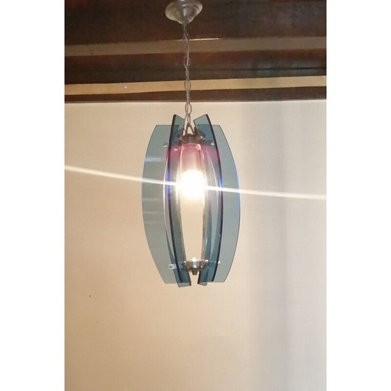 Image 1 of Lampe suspendue en verre bleu et métal argenté par Fontana Arte, Italie 1960