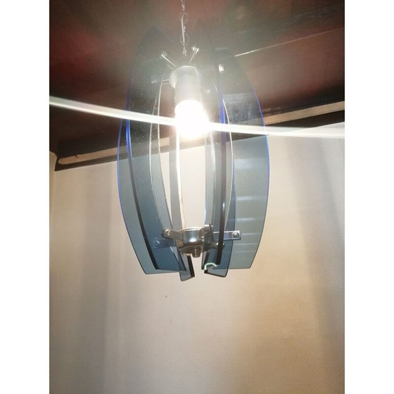 Image 1 of Lampe suspendue en verre bleu et métal argenté par Fontana Arte, Italie 1960